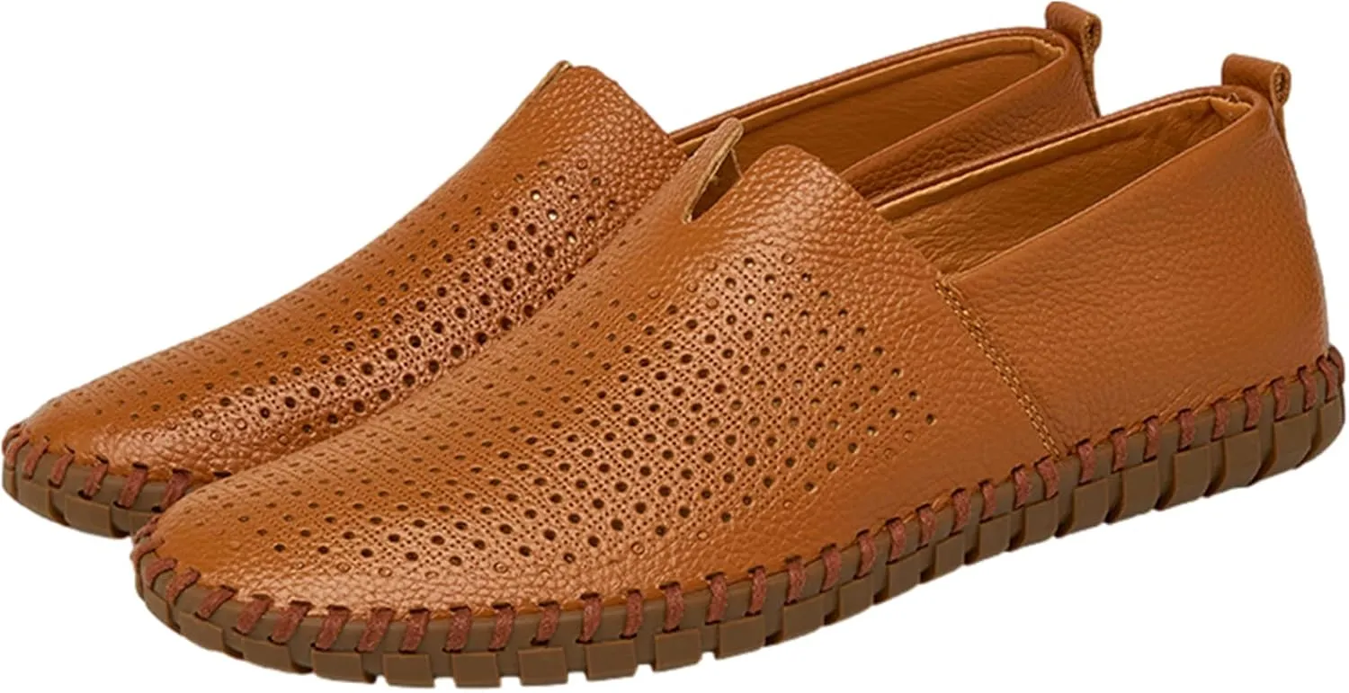 Men's Genuine Leather Loafer Flats Slip-On Soft Handmade Sole Summer Hollowed Casual Driving Shoes