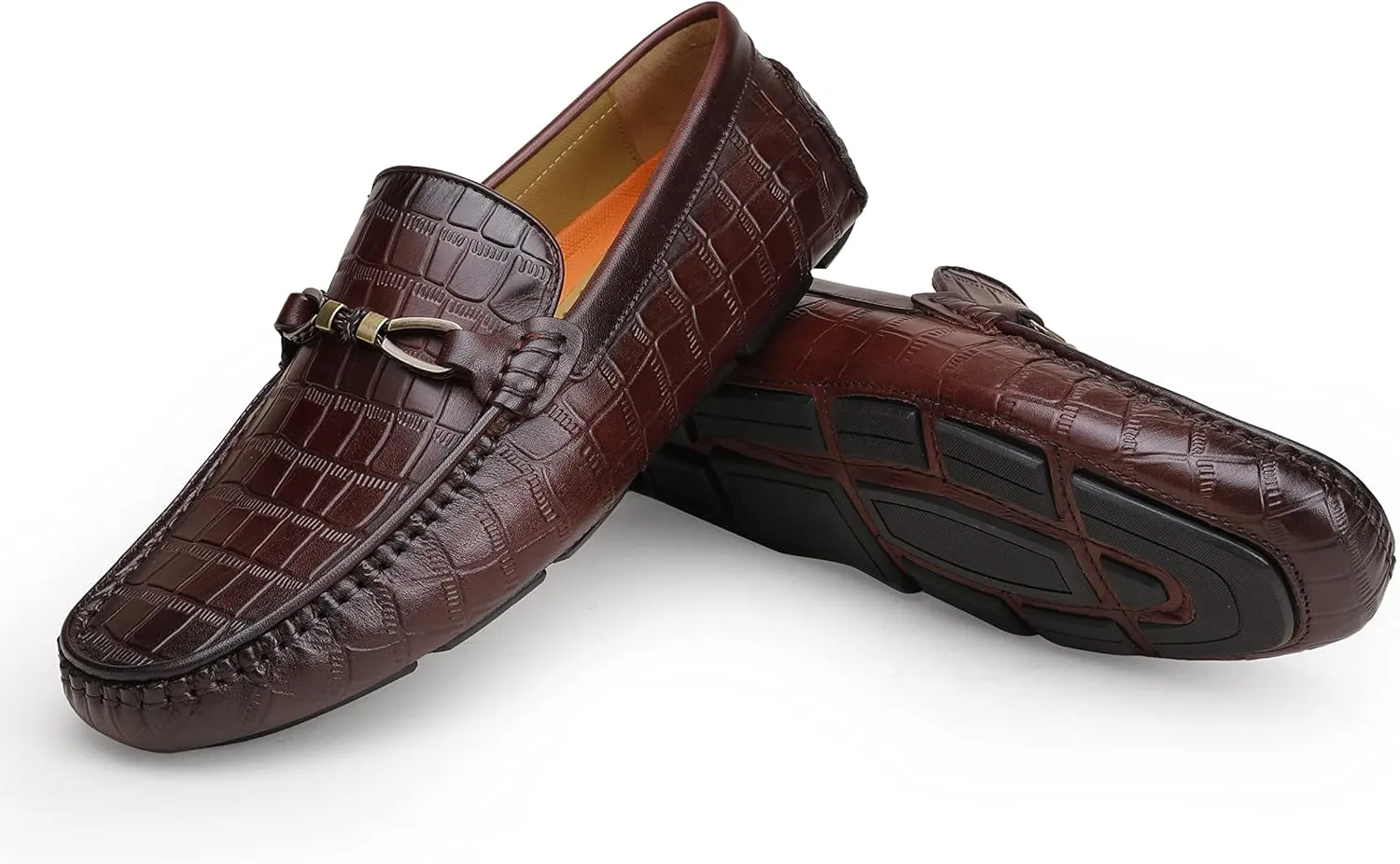Men's Genuine Leather Loafers Crocodile Printed Slip On Soft Driving Dress Shoes