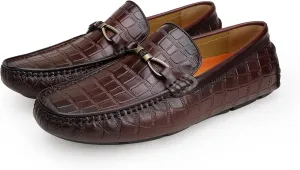 Men's Genuine Leather Loafers Crocodile Printed Slip On Soft Driving Dress Shoes
