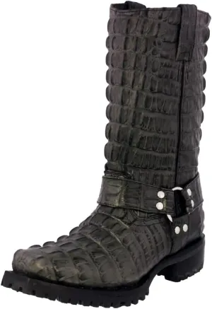 Mens Gray Leather Motorcycle Boots Crocodile Tail Print Square Toe