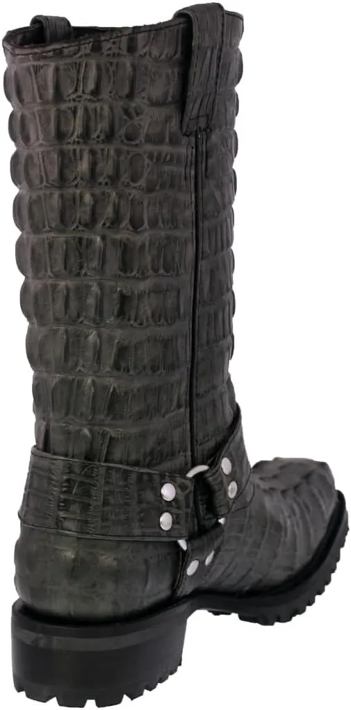 Mens Gray Leather Motorcycle Boots Crocodile Tail Print Square Toe
