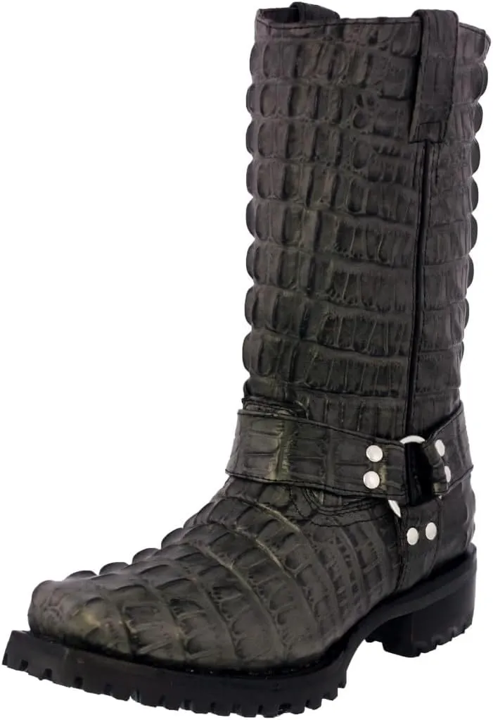 Mens Gray Leather Motorcycle Boots Crocodile Tail Print Square Toe