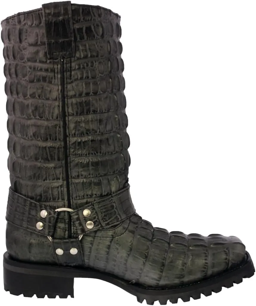 Mens Gray Leather Motorcycle Boots Crocodile Tail Print Square Toe