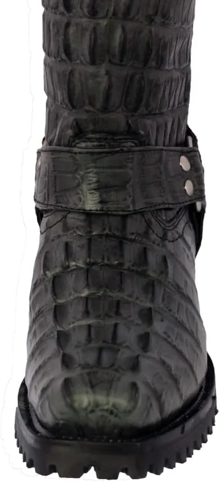 Mens Gray Leather Motorcycle Boots Crocodile Tail Print Square Toe