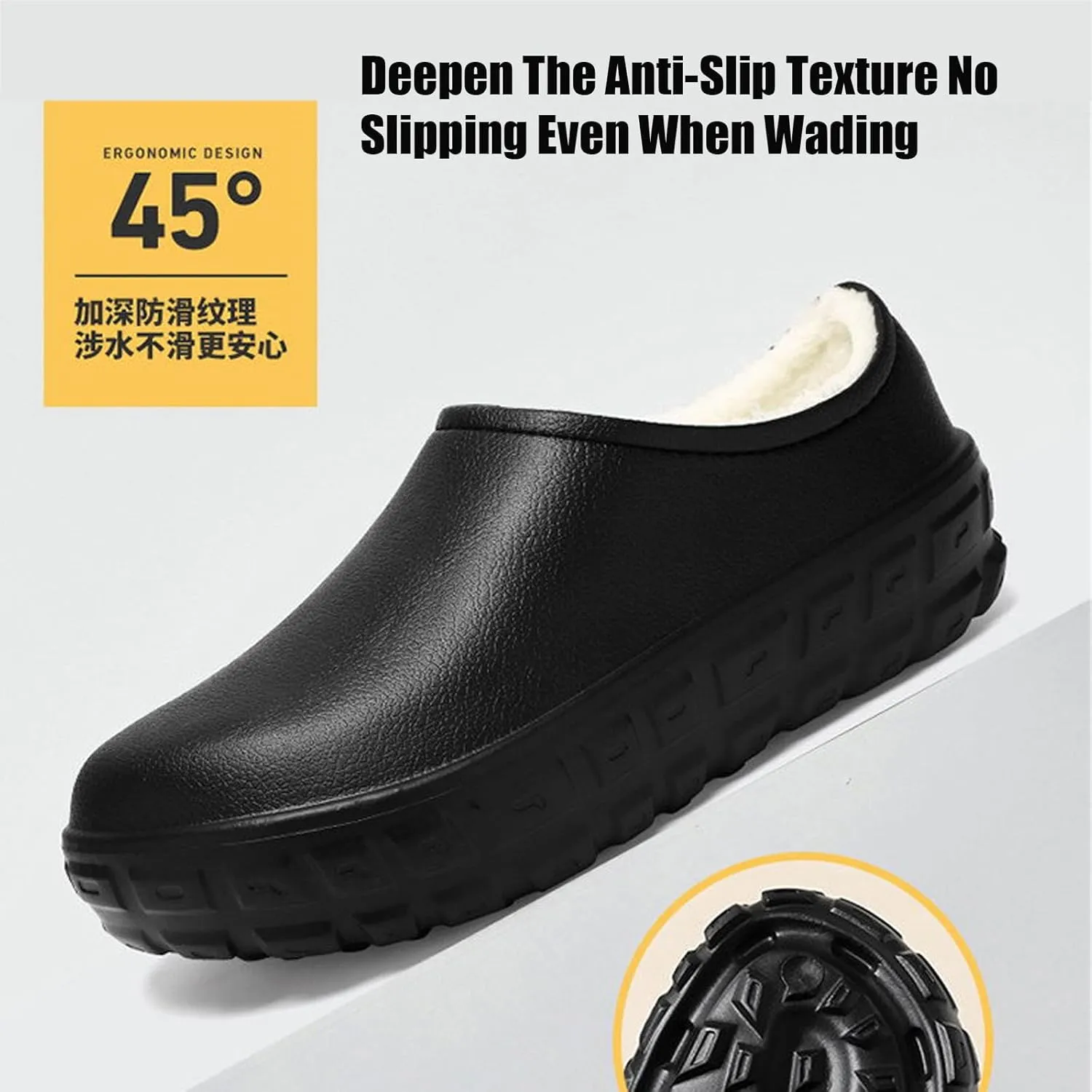 Men's Leather Slip-On Platform Chef Work Shoes Comfort Fully Fur Lined Waterproof Non Slip Soft Bottom Chef Muller Shoes for Caring Kitchen Garden Nurse Shoes
