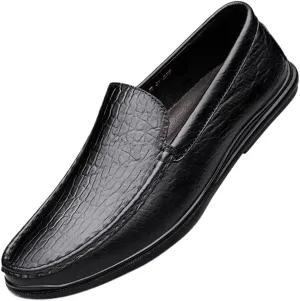 Mens Loafers Round Toe Genuine Leather Crocodile Print Loafer Shoes Flexible Resistant Flat Heel Prom Slip On