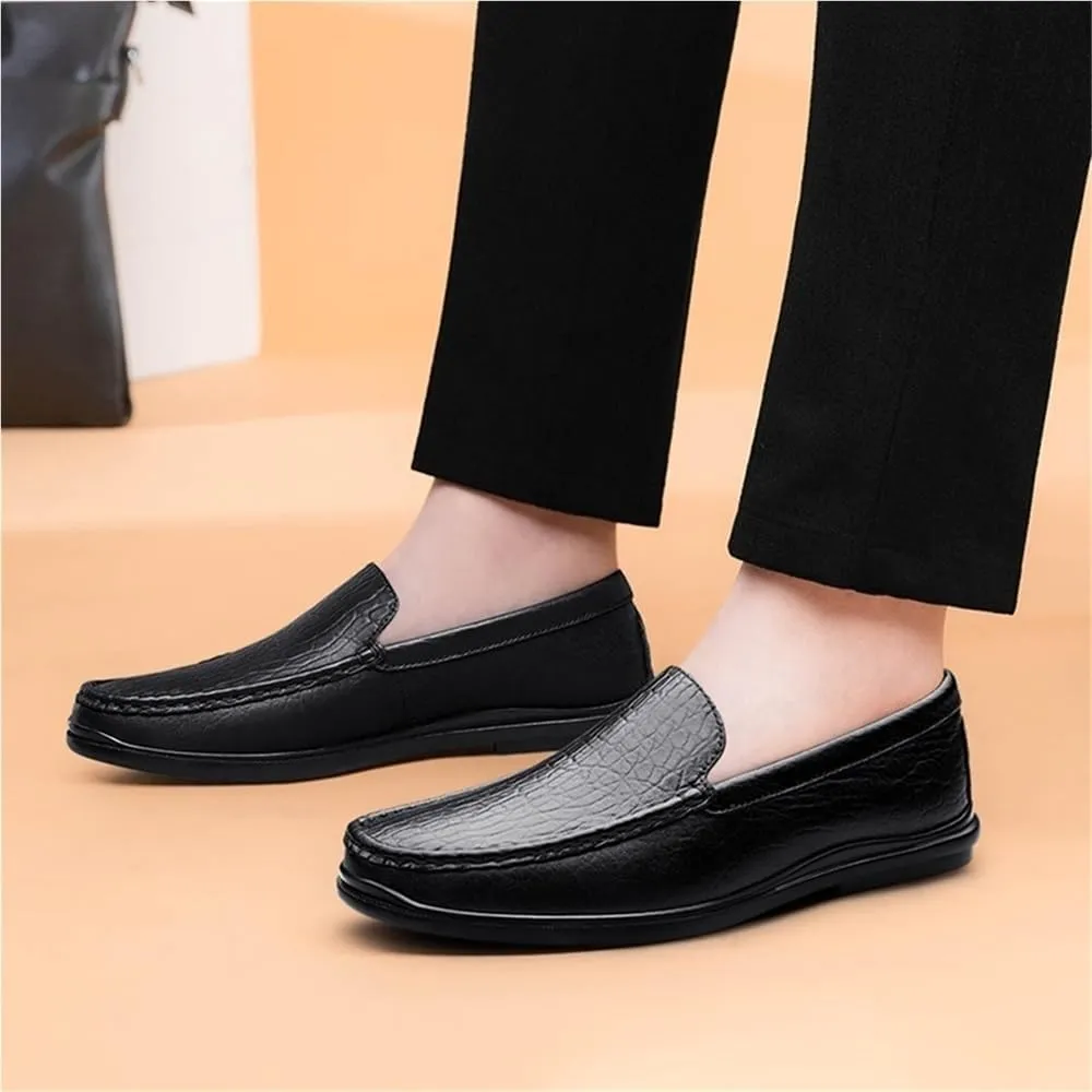 Mens Loafers Round Toe Genuine Leather Crocodile Print Loafer Shoes Flexible Resistant Flat Heel Prom Slip On