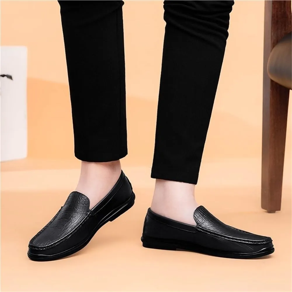 Mens Loafers Round Toe Genuine Leather Crocodile Print Loafer Shoes Flexible Resistant Flat Heel Prom Slip On
