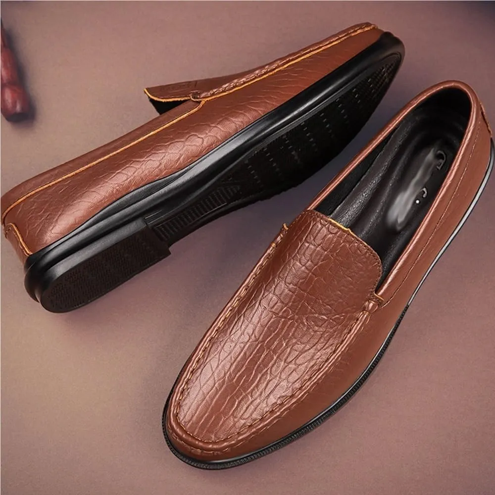 Mens Loafers Round Toe Genuine Leather Crocodile Print Loafer Shoes Flexible Resistant Flat Heel Prom Slip On