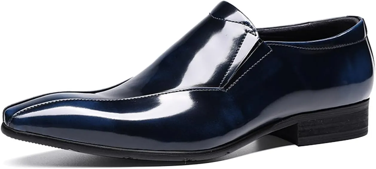 Men's Patent Leather Slip-On Loafers | Pointed Toe Penny Dress Shoes for Wedding & Business | Shining Casual Loafers with Cushioned Comfort Sole