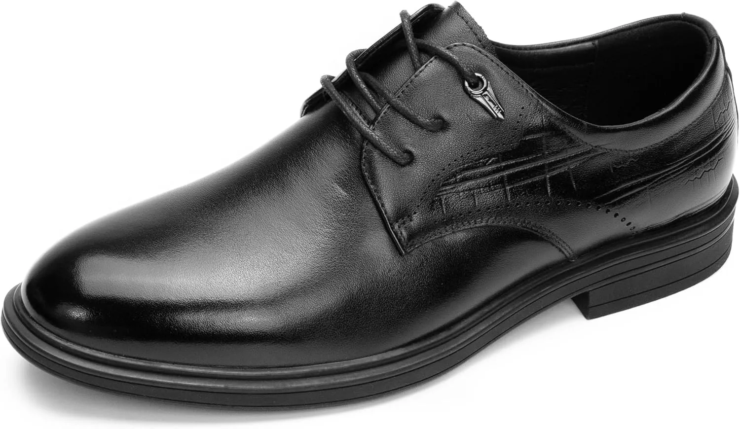 Men's PU Leather Business Dress Shoes – Sleek Black Lace-Up Formal Shoes with Crocodile Pattern Heel and Metal Accent – Comfortable Office Wear