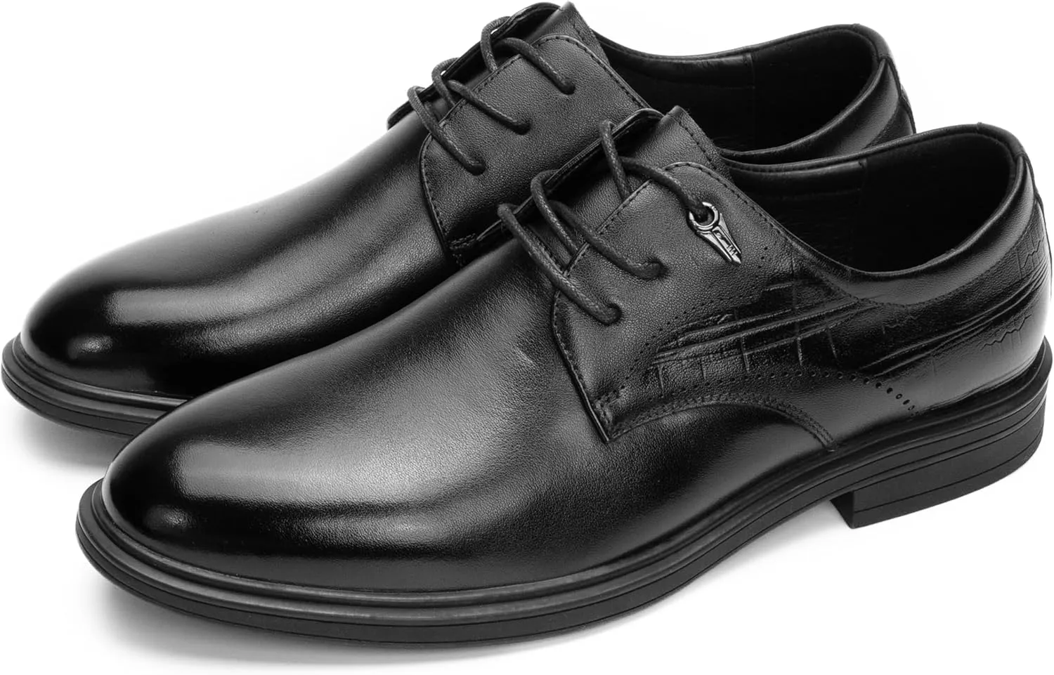 Men's PU Leather Business Dress Shoes – Sleek Black Lace-Up Formal Shoes with Crocodile Pattern Heel and Metal Accent – Comfortable Office Wear