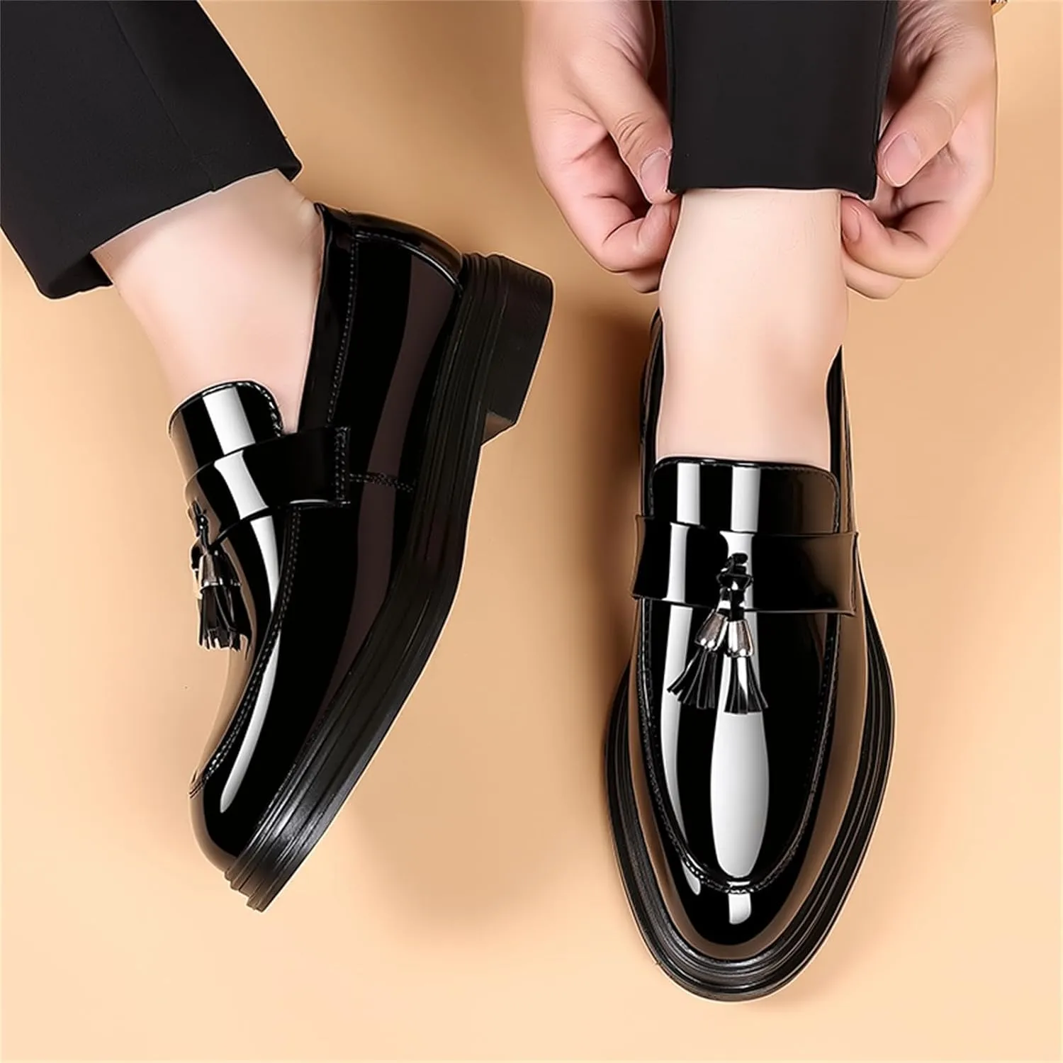 Men's Tassels Patent Leather Penny Loafers Fashion Formal Business Casual Slip On Dress Shoes for Mens