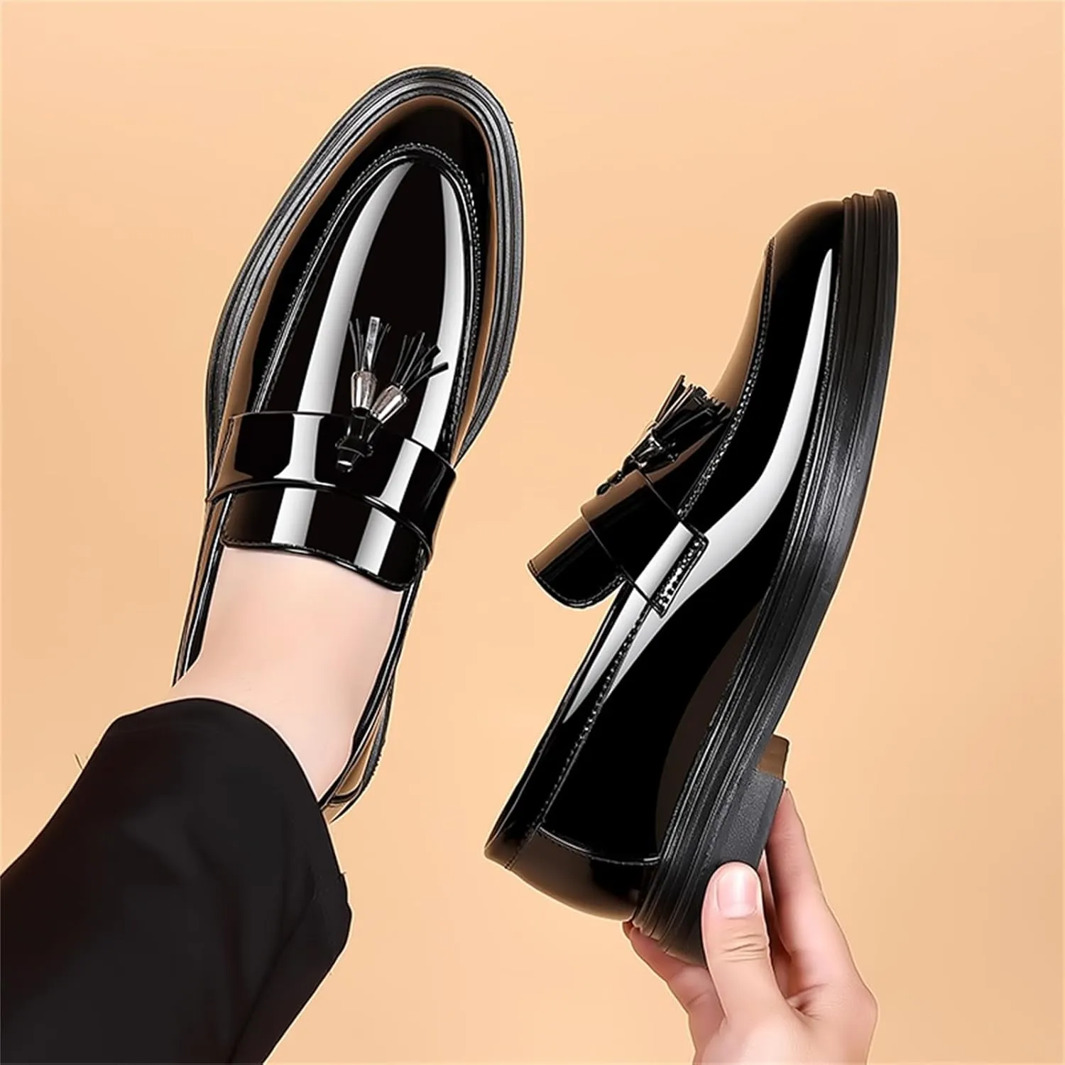 Men's Tassels Patent Leather Penny Loafers Fashion Formal Business Casual Slip On Dress Shoes for Mens