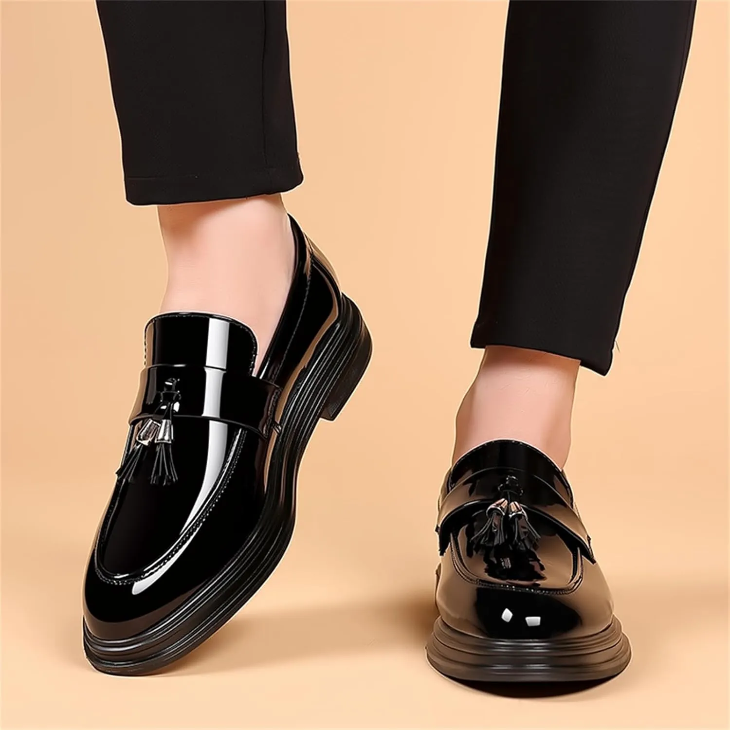 Men's Tassels Patent Leather Penny Loafers Fashion Formal Business Casual Slip On Dress Shoes for Mens