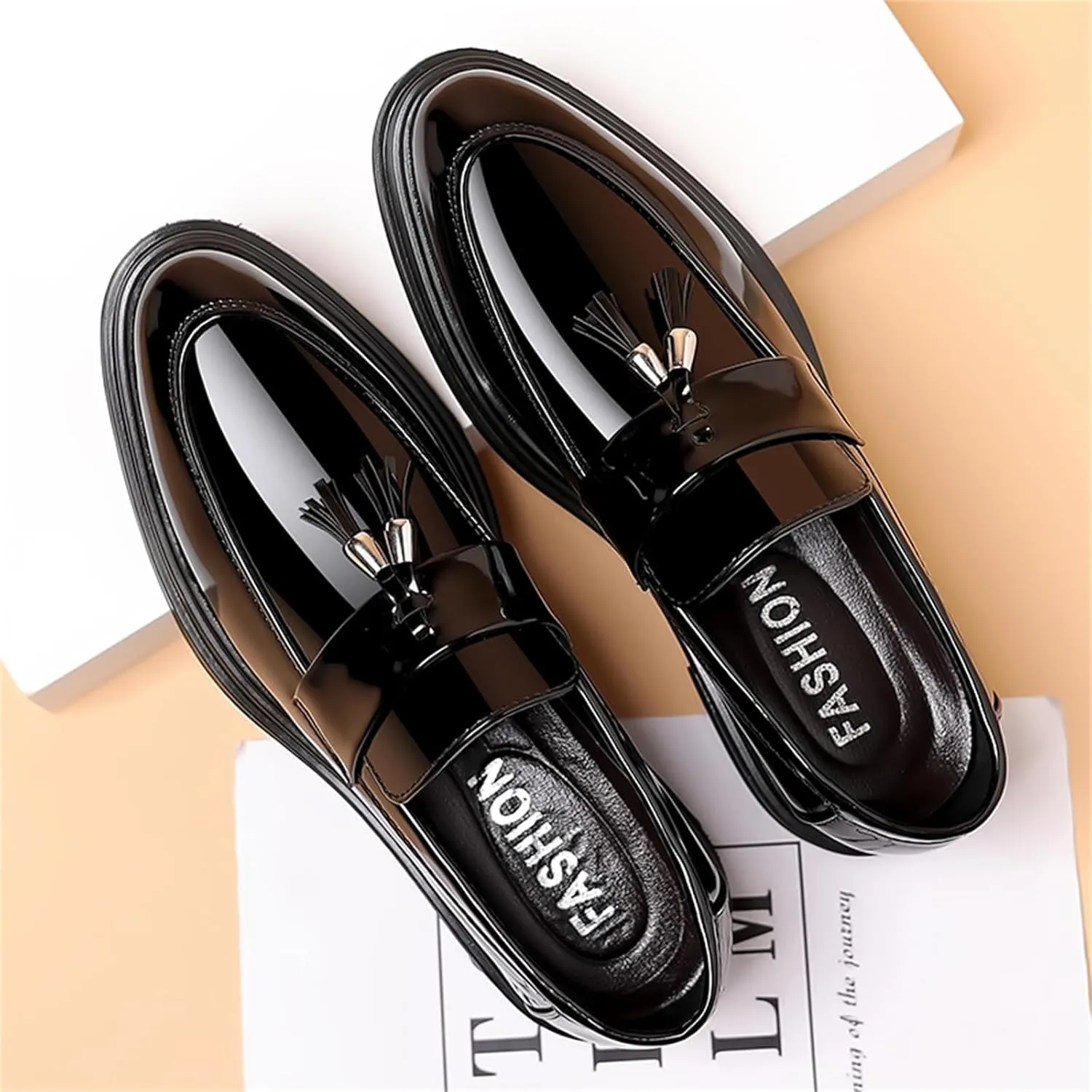 Men's Tassels Patent Leather Penny Loafers Fashion Formal Business Casual Slip On Dress Shoes for Mens
