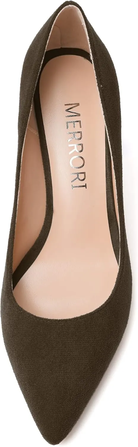 MERRORI Women's High Chunky Heels Block Suede Pointed Toe Office Slip On Dress Heel Pumps Shoes 3.3 Inch