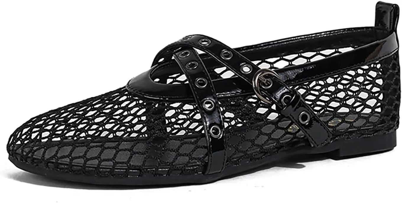 Mesh Mary Jane Ballet Flats for Women Buckle Strap Comfy Casual Office Fishnet Ballerina Flat Mesh Sandal