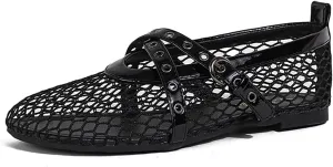Mesh Mary Jane Ballet Flats for Women Buckle Strap Comfy Casual Office Fishnet Ballerina Flat Mesh Sandal