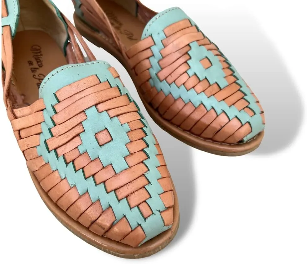 Mexico en la Piel Women's Huarache Sandals - Genuine Leather, Handcrafted Slip-On Flats with Two-Tone Interwoven Design, Lightweight, Comfortable