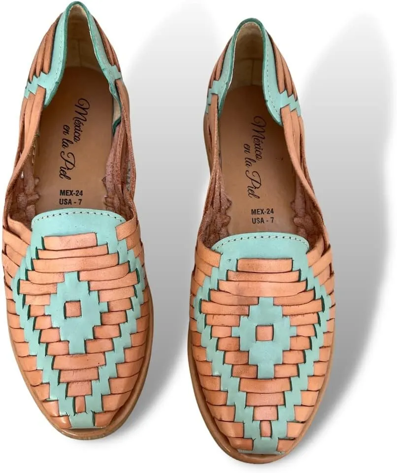 Mexico en la Piel Women's Huarache Sandals - Genuine Leather, Handcrafted Slip-On Flats with Two-Tone Interwoven Design, Lightweight, Comfortable