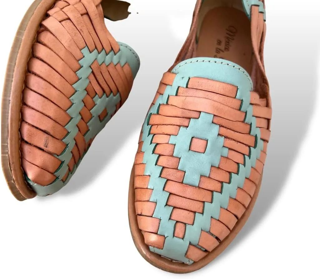 Mexico en la Piel Women's Huarache Sandals - Genuine Leather, Handcrafted Slip-On Flats with Two-Tone Interwoven Design, Lightweight, Comfortable