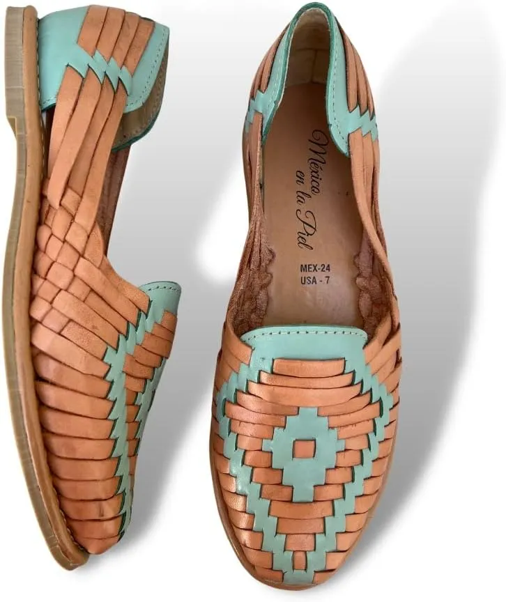 Mexico en la Piel Women's Huarache Sandals - Genuine Leather, Handcrafted Slip-On Flats with Two-Tone Interwoven Design, Lightweight, Comfortable