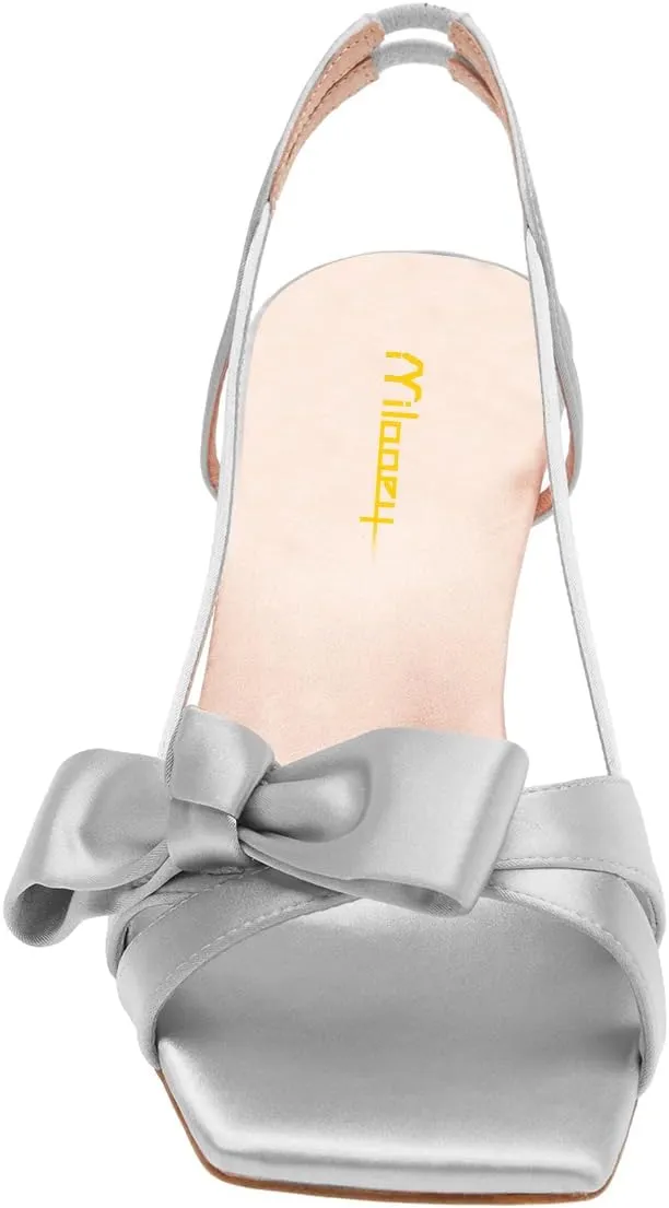 Milooey shoes Women Elegant Square Open Toe Bowknot Heeled Sandals Strappy Slingback Kitten Heels Slip On Wedding Dress Party Shoes Size 4-16 Us
