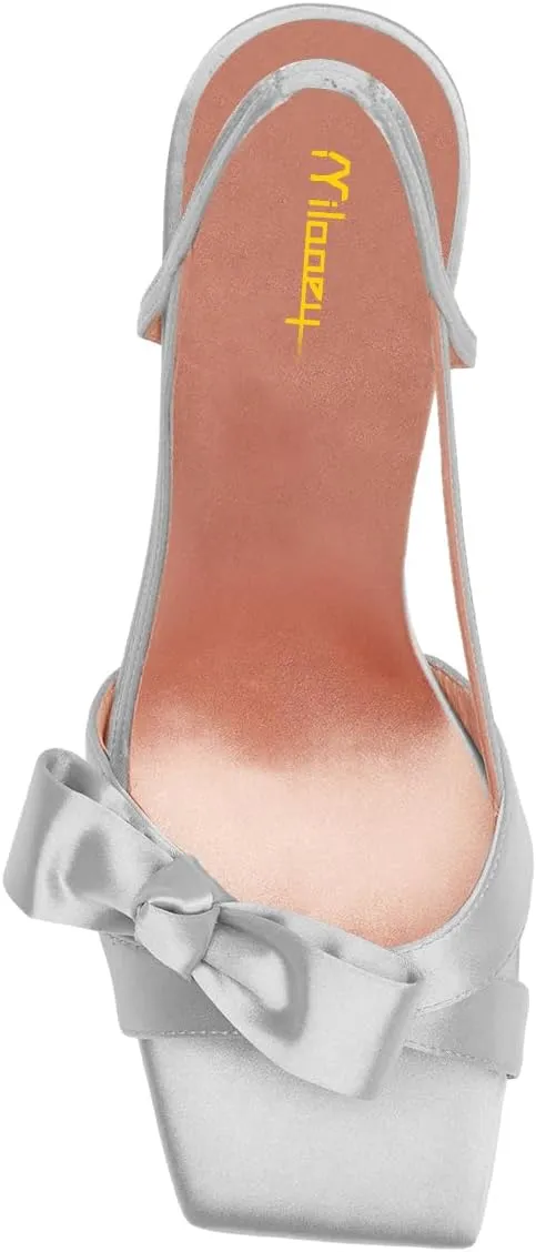 Milooey shoes Women Elegant Square Open Toe Bowknot Heeled Sandals Strappy Slingback Kitten Heels Slip On Wedding Dress Party Shoes Size 4-16 Us
