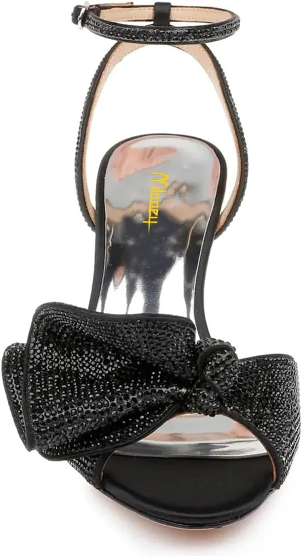 Milooey shoes Womens Glitter Rhinestone Bow Heeled Sandal Elegant Crystal Ankle Strap Kitten Heels Open Toe Dress Wedding Party Evening Shoe Size 4-16 US