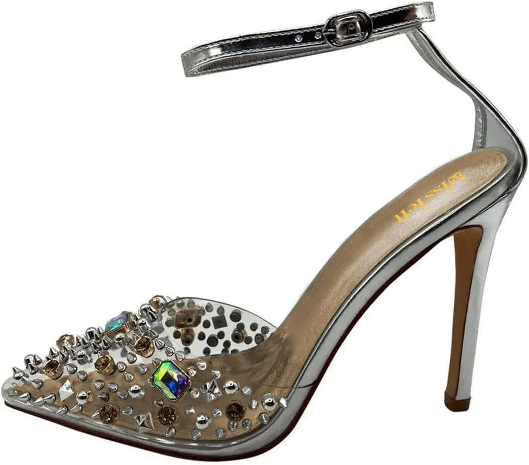 miss left Womens Gem Closed Pointed Toe Sky High Heel Sandals Crystal Stiletto Heels Strap Buckle Clear Pumps Sexy Wedding Evening Shoes Size 4-16 US