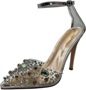 miss left Womens Gem Closed Pointed Toe Sky High Heel Sandals Crystal Stiletto Heels Strap Buckle Clear Pumps Sexy Wedding Evening Shoes Size 4-16 US