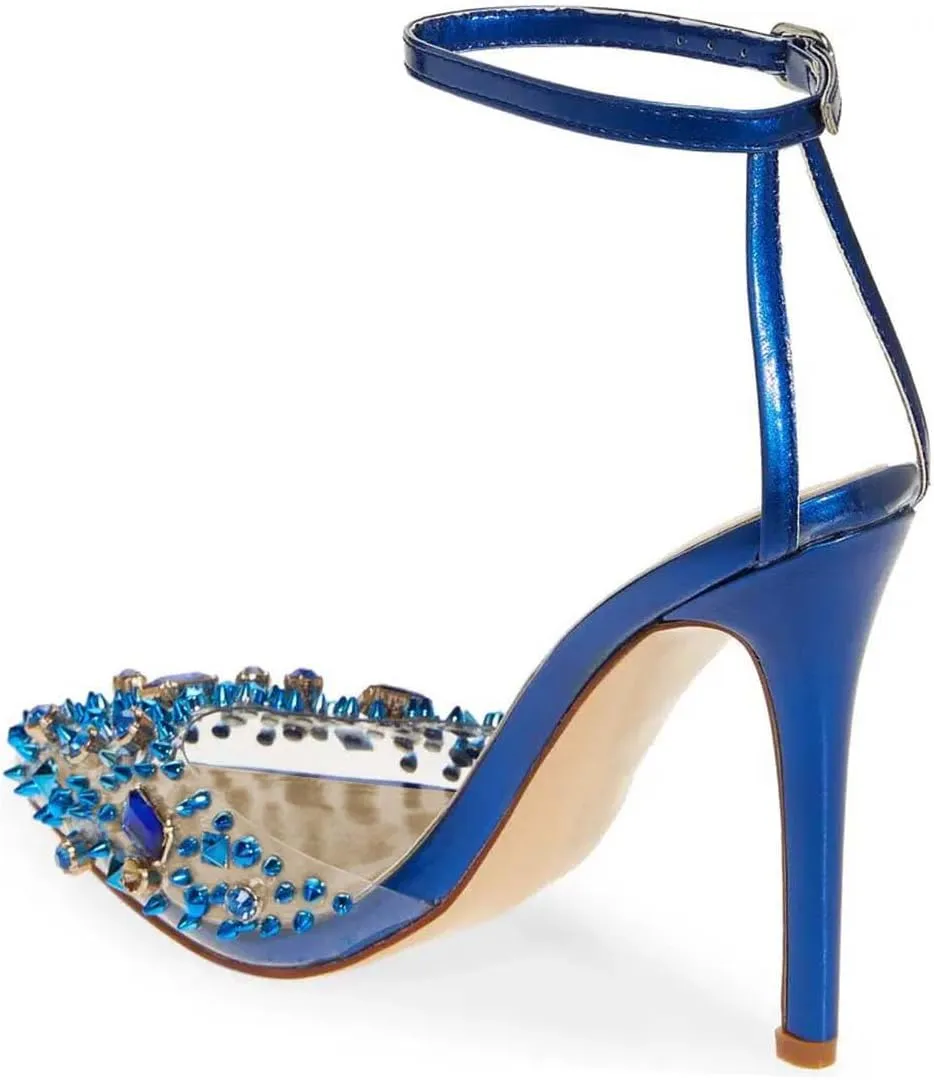 miss left Womens Gem Closed Pointed Toe Sky High Heel Sandals Crystal Stiletto Heels Strap Buckle Clear Pumps Sexy Wedding Evening Shoes Size 4-16 US