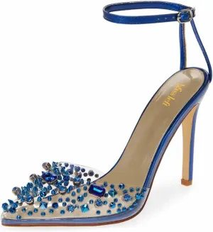 miss left Womens Gem Closed Pointed Toe Sky High Heel Sandals Crystal Stiletto Heels Strap Buckle Clear Pumps Sexy Wedding Evening Shoes Size 4-16 US
