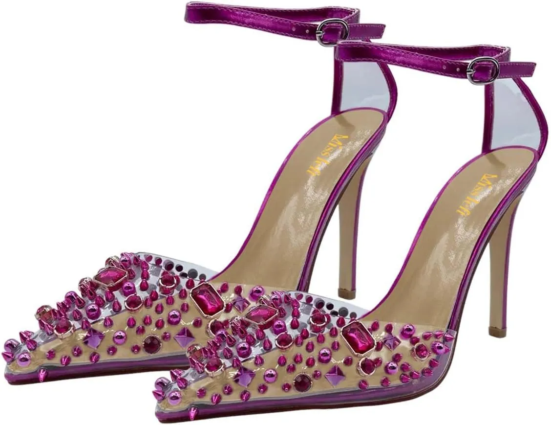 miss left Womens Gem Closed Pointed Toe Sky High Heel Sandals Crystal Stiletto Heels Strap Buckle Clear Pumps Sexy Wedding Evening Shoes Size 4-16 US