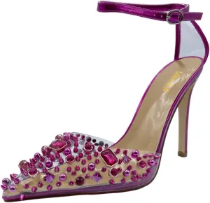 miss left Womens Gem Closed Pointed Toe Sky High Heel Sandals Crystal Stiletto Heels Strap Buckle Clear Pumps Sexy Wedding Evening Shoes Size 4-16 US