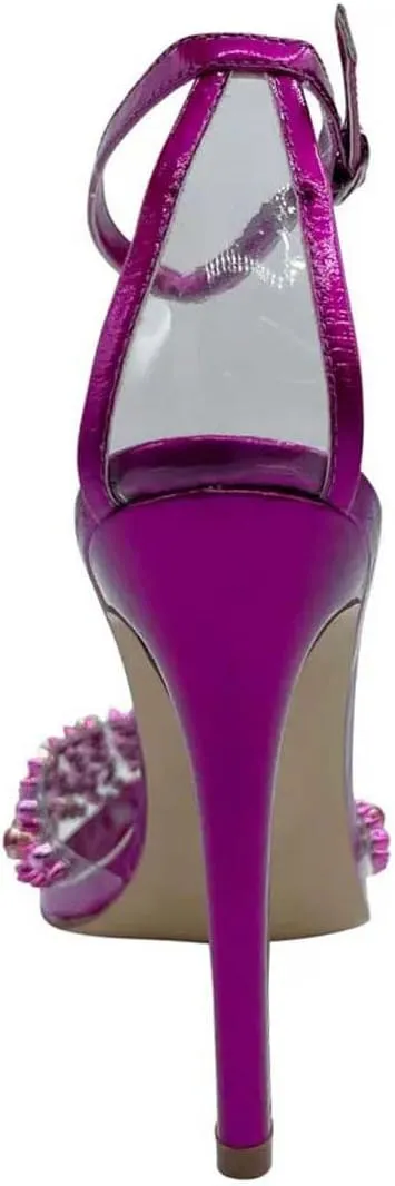 miss left Womens Gem Closed Pointed Toe Sky High Heel Sandals Crystal Stiletto Heels Strap Buckle Clear Pumps Sexy Wedding Evening Shoes Size 4-16 US