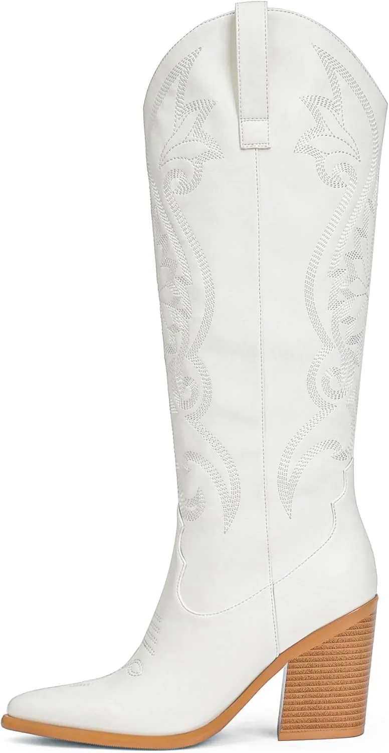 Modatope Cowgirl Boots Women Chunky Heel Knee High Cowboy Boots Embroidery Western Boots for Women