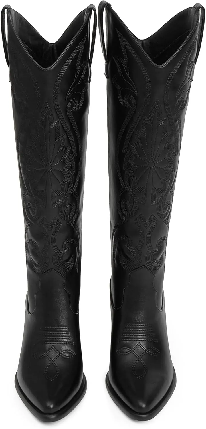 Modatope Cowgirl Boots Women Chunky Heel Knee High Cowboy Boots Embroidery Western Boots for Women