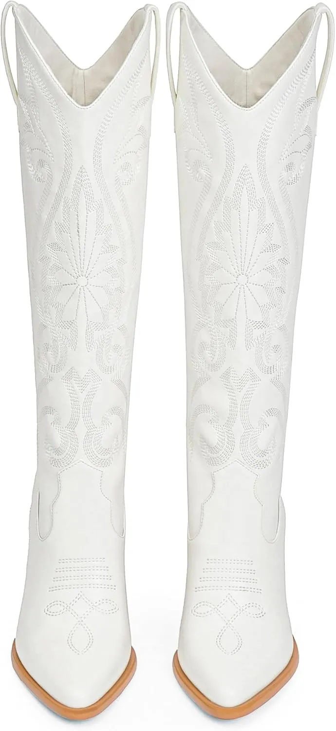 Modatope Cowgirl Boots Women Chunky Heel Knee High Cowboy Boots Embroidery Western Boots for Women