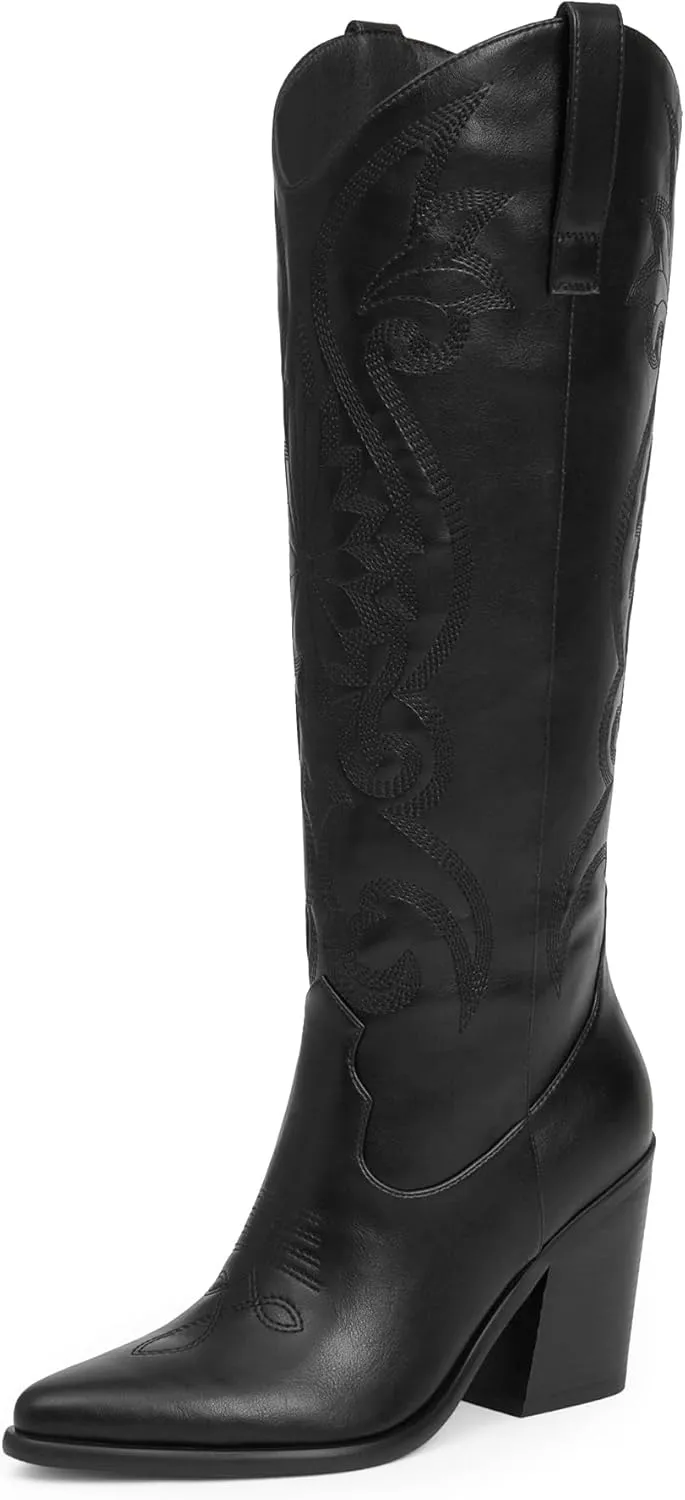 Modatope Cowgirl Boots Women Chunky Heel Knee High Cowboy Boots Embroidery Western Boots for Women