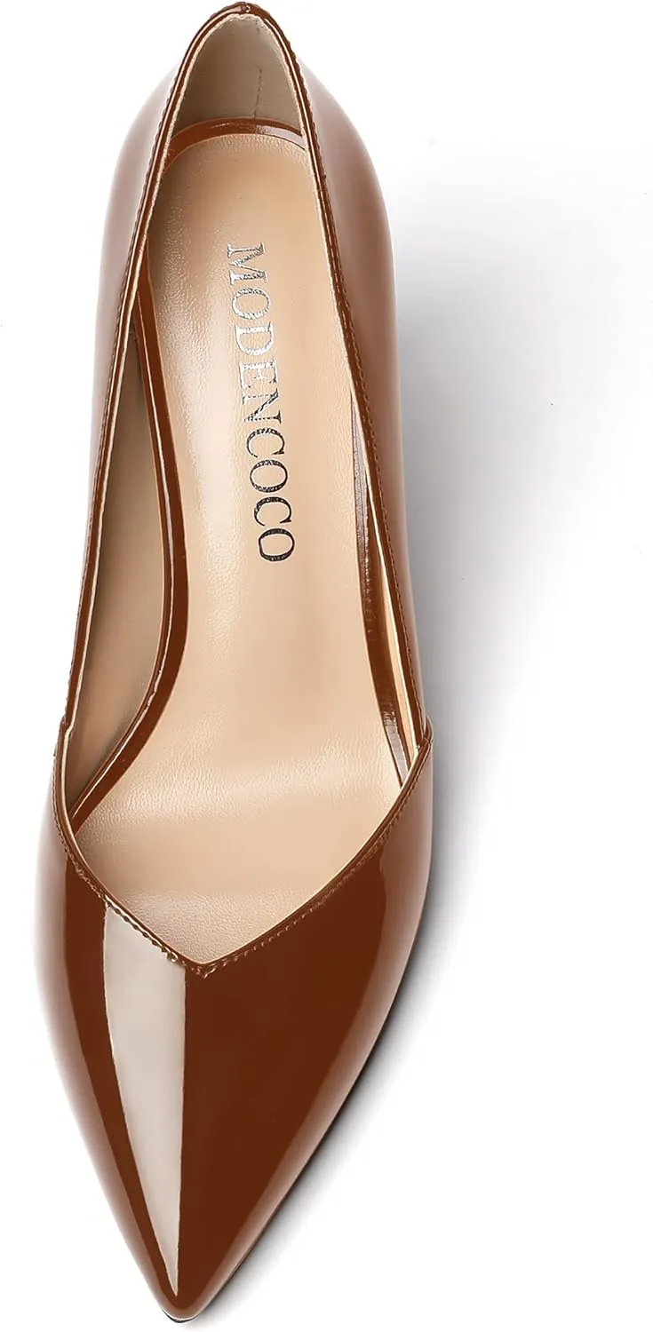 MODENCOCO Women's Pointed Toe Slip On Patent Cut Out Block High Heel Pumps Shoes 3.5 Inch