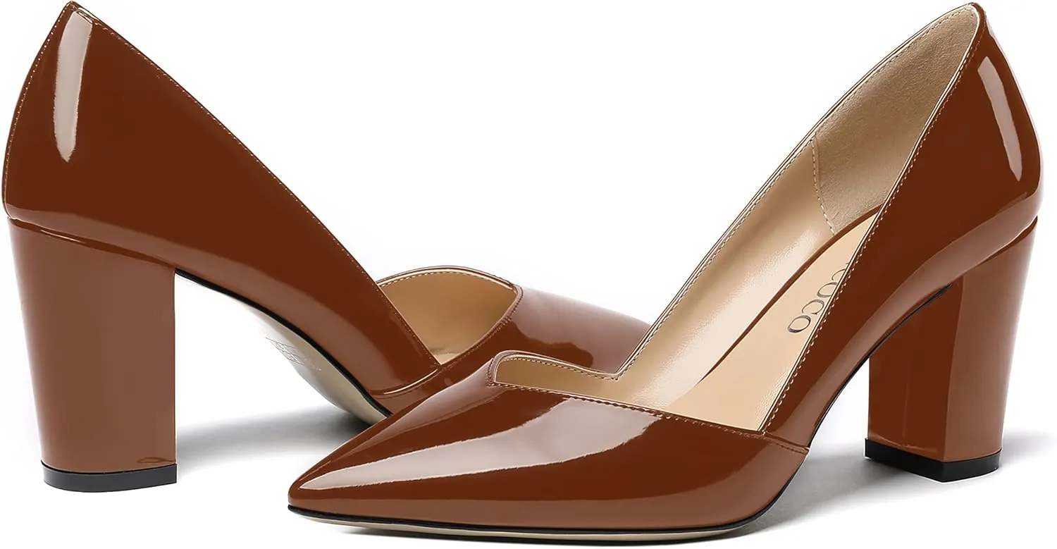 MODENCOCO Women's Pointed Toe Slip On Patent Cut Out Block High Heel Pumps Shoes 3.5 Inch