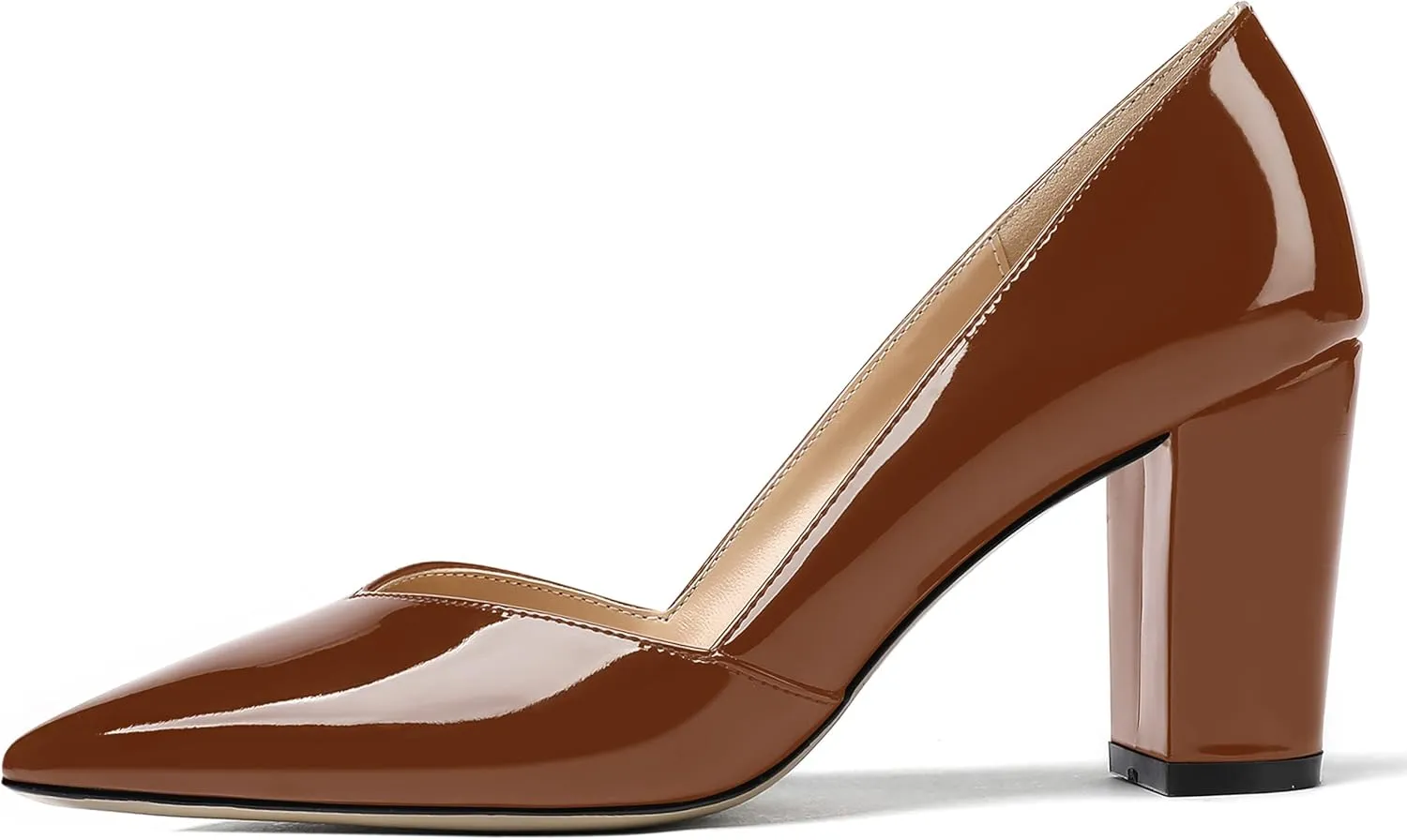 MODENCOCO Women's Pointed Toe Slip On Patent Cut Out Block High Heel Pumps Shoes 3.5 Inch