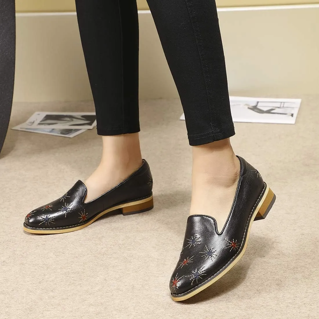 Mona flying Women's Leather Penny Loafers Slip On Flats Office Ladies Casual Shoes