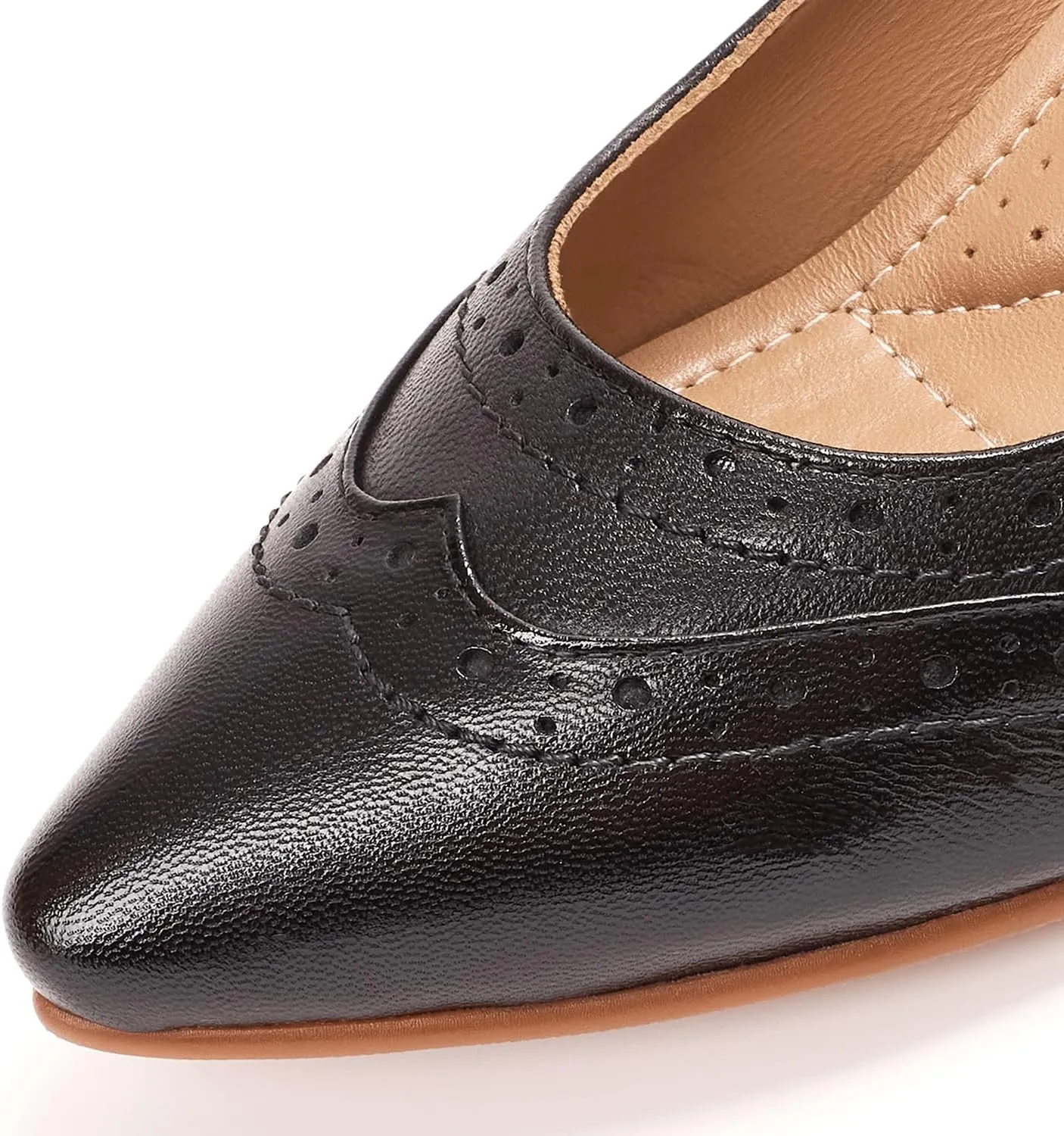 Mona flying Women's Leather Pointed Toe Vintage Brogue Pumps Slip On Mid Heels Dress Shoes for Ladies