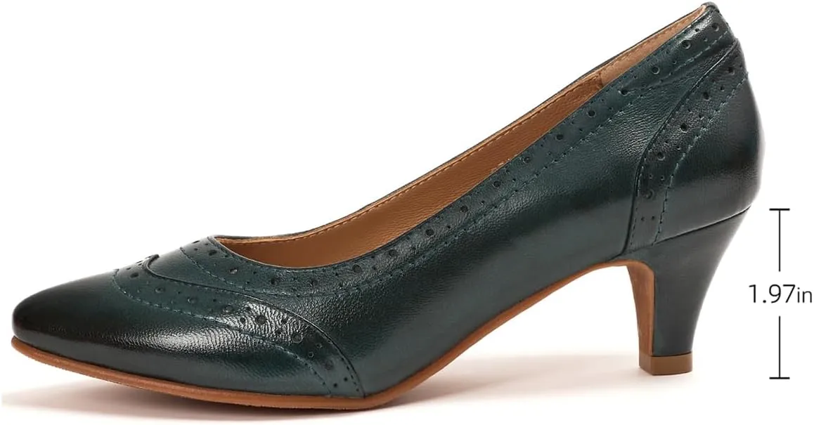 Mona flying Women's Leather Pointed Toe Vintage Brogue Pumps Slip On Mid Heels Dress Shoes for Ladies