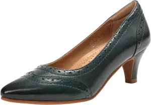 Mona flying Women's Leather Pointed Toe Vintage Brogue Pumps Slip On Mid Heels Dress Shoes for Ladies