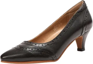 Mona flying Women's Leather Pointed Toe Vintage Brogue Pumps Slip On Mid Heels Dress Shoes for Ladies