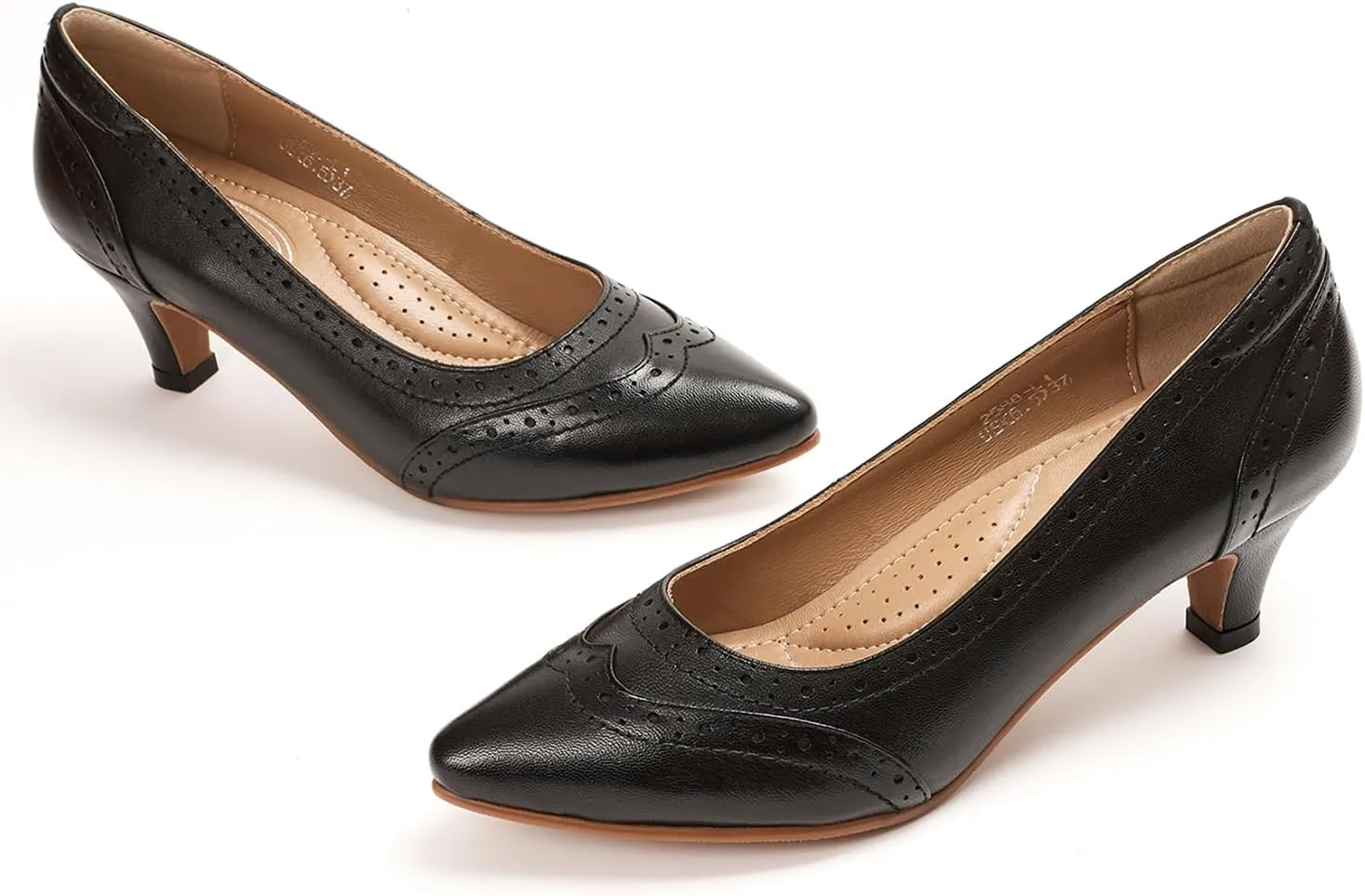 Mona flying Women's Leather Pointed Toe Vintage Brogue Pumps Slip On Mid Heels Dress Shoes for Ladies
